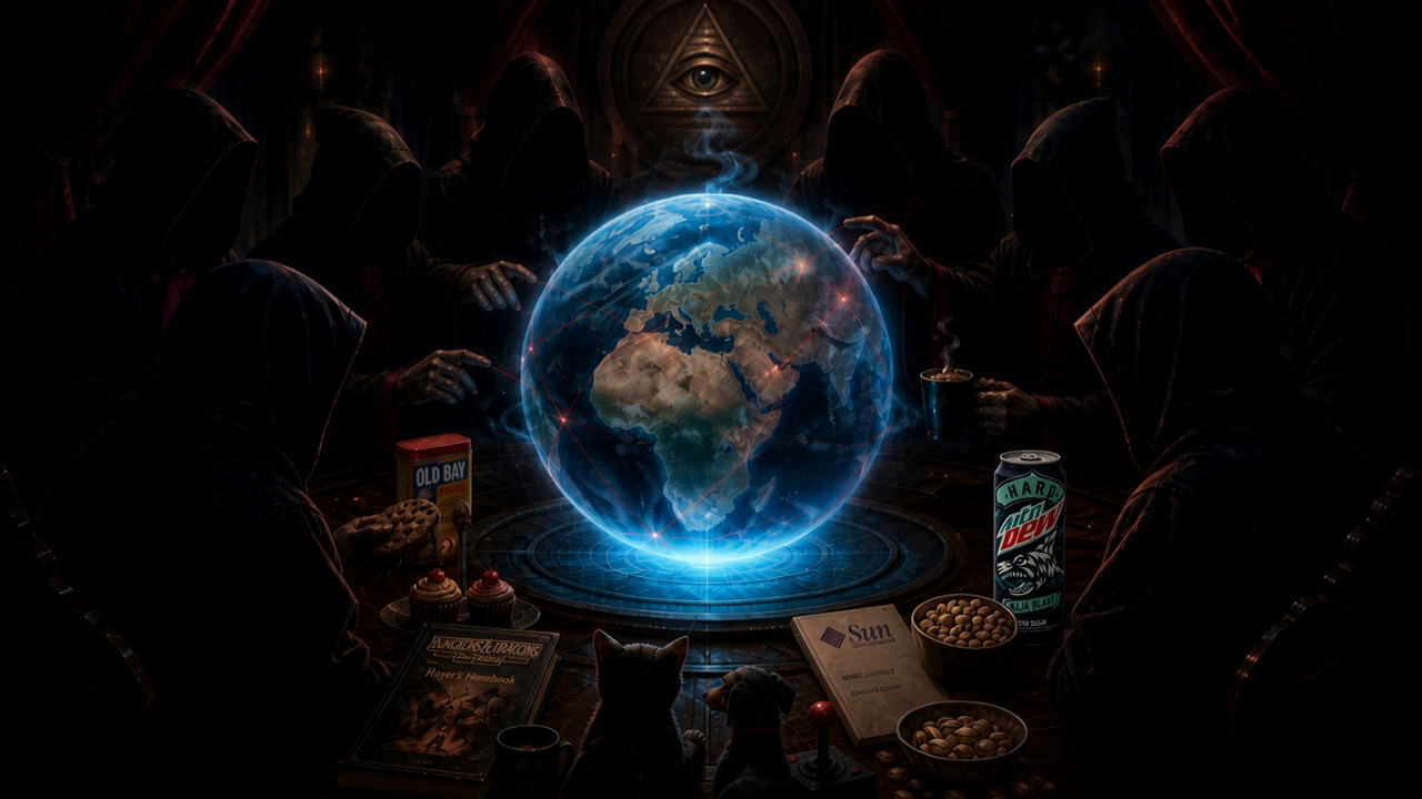 Hooded figures controlling a glowing globe of Earth